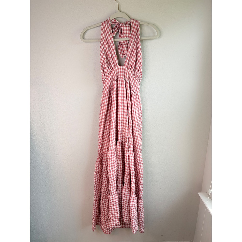 Red Gingham Halter Tiered Maxi Dress Size Small